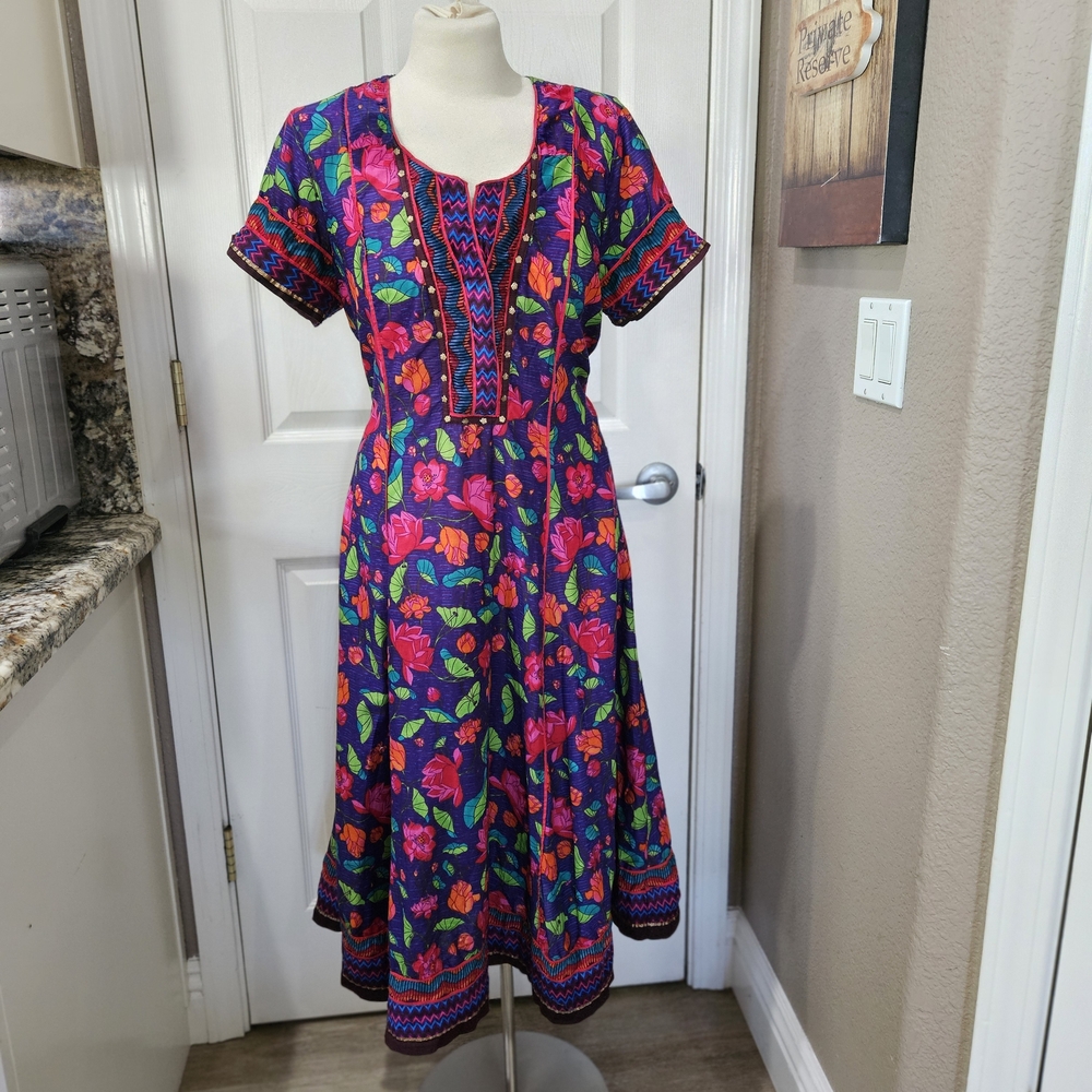 Biba Pink Green Orange Floral Cotten Lightweight Dress - Picture 3 of 16